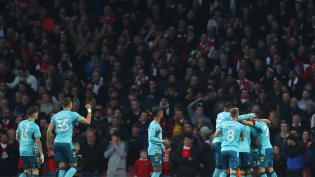 Players from Southampton pictured celebrating after taking an early lead against Arsenal at the Emirates Stadium in April 2023